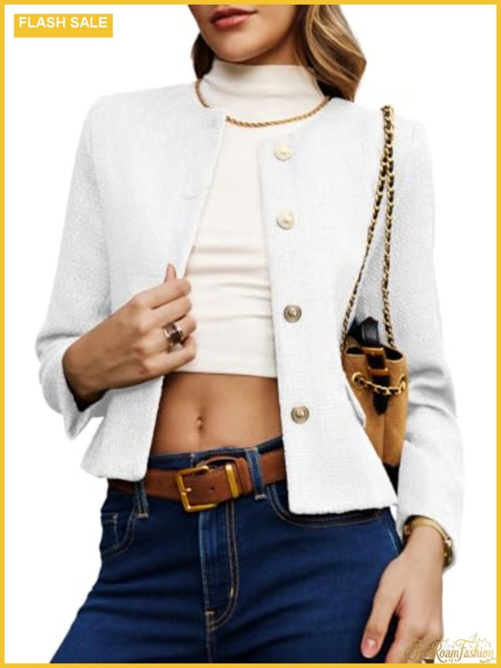ELLEVEN Women's Cropped Tweed Blazer Jacket Collarless Button Down Casual